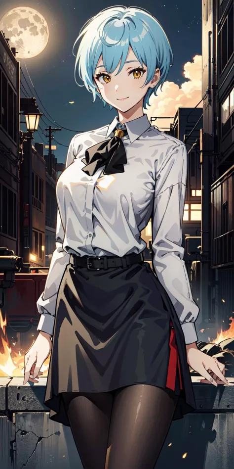 (masterpiece, best quality), illustration, 8k, angela \\(project moon\\), short hair, topless, large breasts, cowboy shot, black skirt, black pantyhose, smile, <lora:AngelaProjectMoon:1>, <lora:LibraryOfRuina:.1>