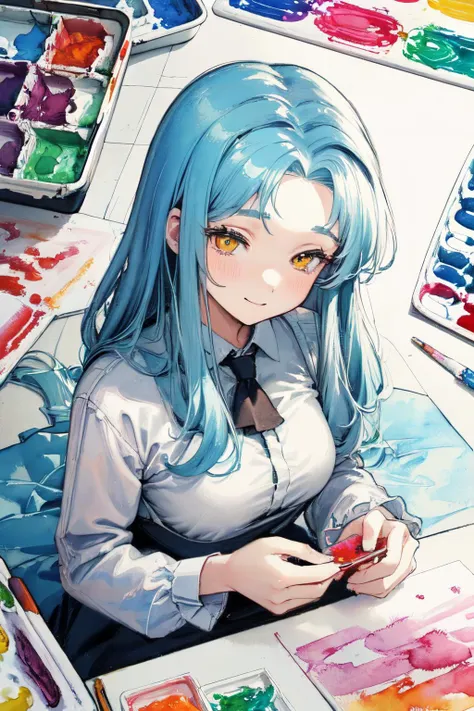 (moist paper,bright watercolor style,comfort,pastel painting illustration,concise,watercolor rendering,natural rendering,pigments mix naturally:1.3),
<lora:AngelaProjectMoon:1>,angela \(project moon\),an unnoticeable smile,(Alice-Blue long hair,:1.3),perfect hands,perfect fingers,