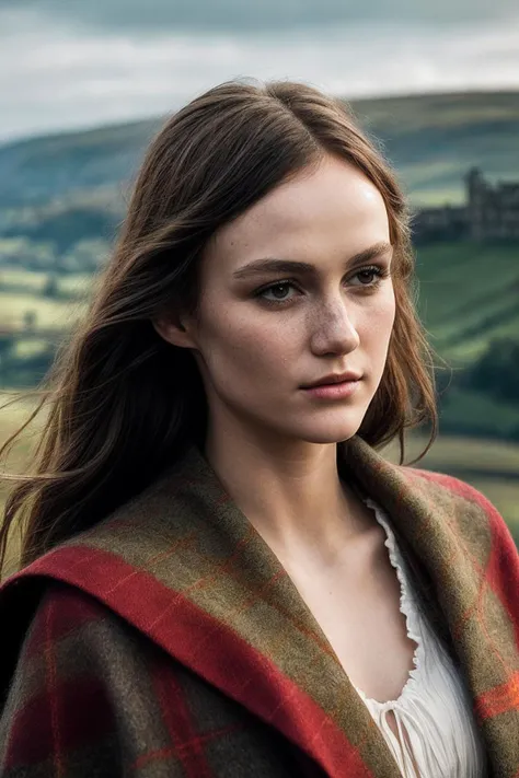 MadisonL_SoloTI_v1,
(In a simple, rustic dress with a plaid shawl and wild, flowing hair, exuding a quiet strength and resilience), (Amidst the rolling hills and ancient castles of Scotland, where whispers of freedom and bravery create a symphony of determination and sacrifice, a sense of courage and steadfastness fills the rugged air:1.3), (resolute:1.3), (natural, windswept landscape, contemplative gaze, historical setting:1.3),
<lora:add_detail:0.6> epiCPhoto, PA7_Portrait-MCU,