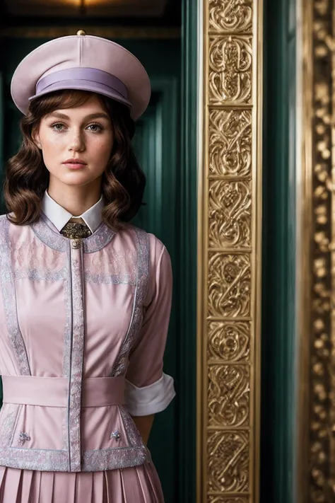 MadisonL_SoloTI_v1,
(In a vintage, elegant bellhop uniform with impeccable detailing and a charming hat, exuding old-world charm and professionalism), (Amidst the whimsical halls and ornate rooms of the Grand Budapest Hotel, where eccentric guests and daring escapades create a symphony of comedy and mystery, a sense of wit and adventure fills the opulent air:1.3), (quirky:1.3), (pastel colors, symmetrical compositions, whimsical decor, comedic shot:1.3),
<lora:add_detail:0.6> epiCPhoto, PA7_Portrait-MCU,