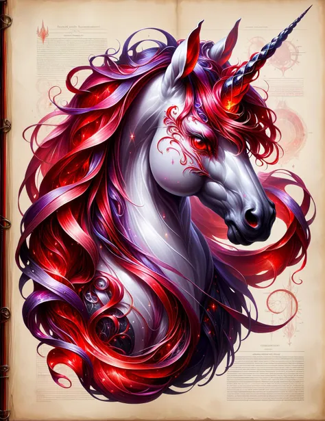 <lora:SDXLRageStyle:0.8>RageStyle a scientific drawing of a magical elegant angry unicorn, black and red scales, fantasy parchment, high quality, fantasy