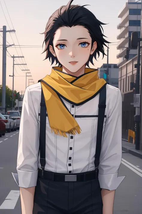 masterpiece, best quality, solo male, outdoors, power plant,  <lora:zs_Ryoji:0.8> ryojip3, black hair, hair slicked back, white shirt, pants, yellow scarf, suspenders, blue eyes, mole under eye,