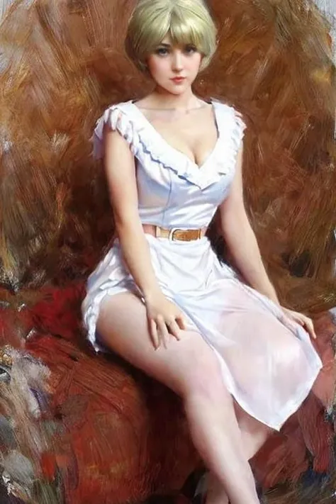 masterpiece,best quality,absurdres,photorealistic,mature female,sagging breasts,<lora:shanshan:0.6>,short_hair,large_breasts,brown_eyes,thighhighs,white dress,