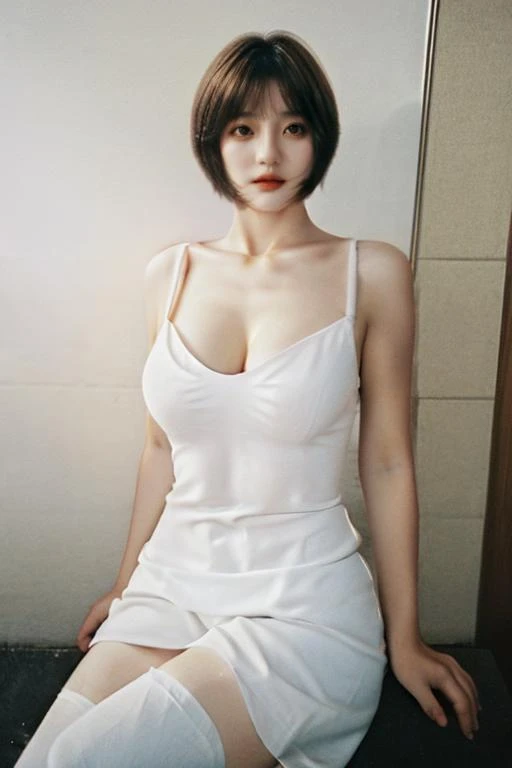 masterpiece,best quality,absurdres,photorealistic,mature female,sagging breasts,<lora:shanshan:0.6>,short_hair,large_breasts,brown_eyes,thighhighs,white dress,