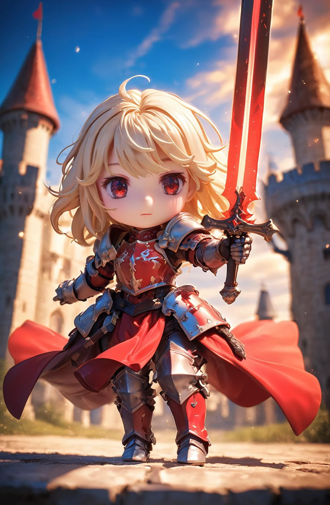 amazing quality, masterpiece, best quality, hyper detailed, ultra detailed, UHD, HDR, DOF, depth of field,
female knight, detail eyes, silver eyes, blond hair, shiny eyes, ornate red armor, holding sword, glowing sword, castle, gorgeous sky, shiny dust, wind blows, dynamic and vivid colors, fascinating,
<lora:XL_Chibi_Knights_-_by_HailoKnight:0.8>, Chibi Knight,
<lora:d\EnvyActionShotXL01:0.8>, action shot,
<lora:add-detail-xl:1.0>,
<lora:EnvyBetterHiresFixXL01:1.0>,
<lora:extremely_detailed:1.5>, extremely detailed,
