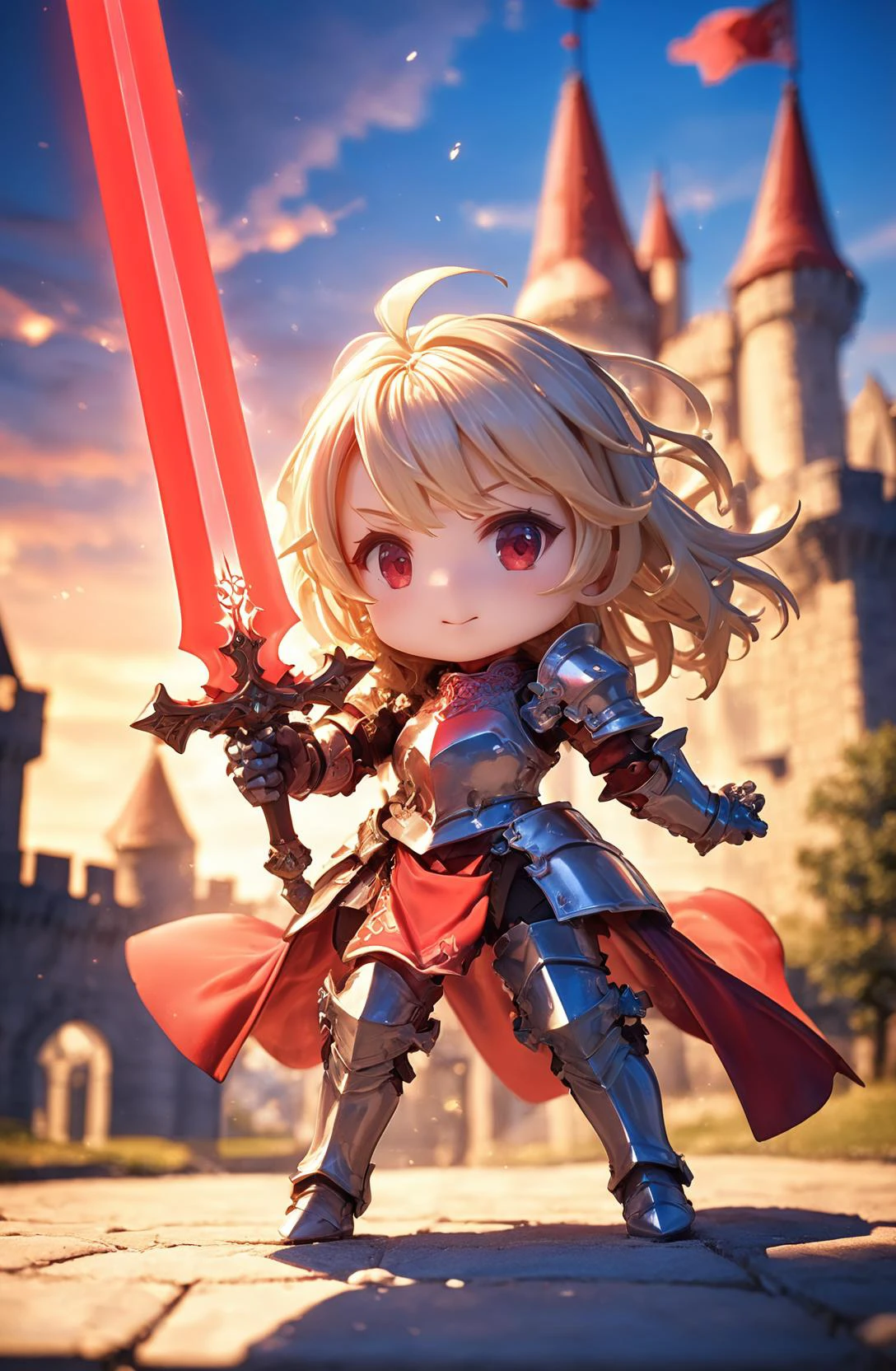 amazing quality, masterpiece, best quality, hyper detailed, ultra detailed, UHD, HDR, DOF, depth of field,
female knight, detail eyes, silver eyes, blond hair, shiny eyes, ornate red armor, holding sword, glowing sword, castle, gorgeous sky, shiny dust, wind blows, dynamic and vivid colors, fascinating,
<lora:XL_Chibi_Knights_-_by_HailoKnight:0.8>, Chibi Knight,
<lora:d\EnvyActionShotXL01:0.8>, action shot,
<lora:add-detail-xl:1.0>,
<lora:EnvyBetterHiresFixXL01:1.0>,
<lora:extremely_detailed:1.5>, extremely detailed,