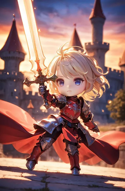 amazing quality, masterpiece, best quality, hyper detailed, ultra detailed, UHD, HDR, DOF, depth of field, 
female knight, detail eyes, silver eyes, blond hair, shiny eyes, ornate red armor, holding sword, glowing sword, castle, gorgeous sky, shiny dust, wind blows, dynamic and vivid  colors, fascinating,
<lora:XL_Chibi_Knights_-_by_HailoKnight:0.8>, Chibi Knight,
<lora:d\EnvyActionShotXL01:0.8>, action shot,
<lora:add-detail-xl:1.0>,
<lora:EnvyBetterHiresFixXL01:1.0>,
<lora:extremely_detailed:1.5>, extremely detailed,