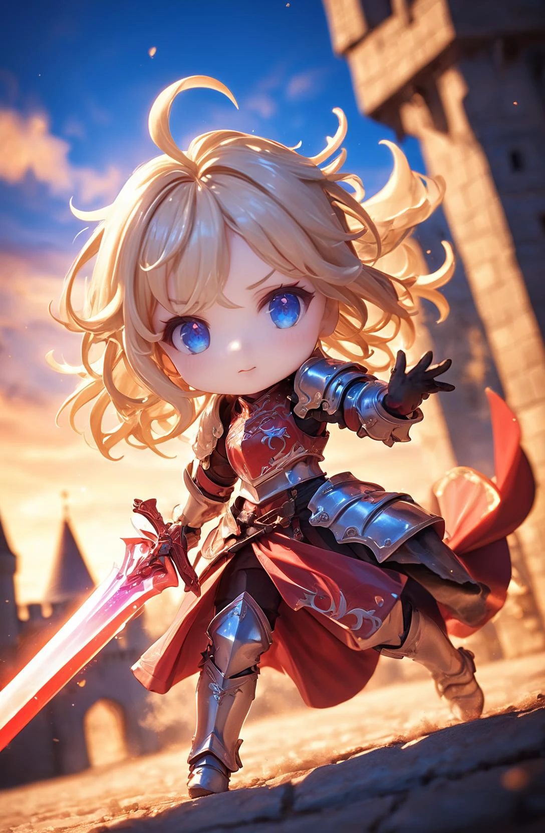 amazing quality, masterpiece, best quality, hyper detailed, ultra detailed, UHD, HDR, DOF, depth of field,
female knight, detail eyes, silver eyes, blond hair, shiny eyes, ornate red armor, holding sword, glowing sword, castle, gorgeous sky, shiny dust, wind blows, dynamic and vivid colors, fascinating,
<lora:XL_Chibi_Knights_-_by_HailoKnight:0.8>, Chibi Knight,
<lora:d\EnvyActionShotXL01:0.8>, action shot,
<lora:add-detail-xl:1.0>,
<lora:EnvyBetterHiresFixXL01:1.0>,
<lora:extremely_detailed:1.5>, extremely detailed,