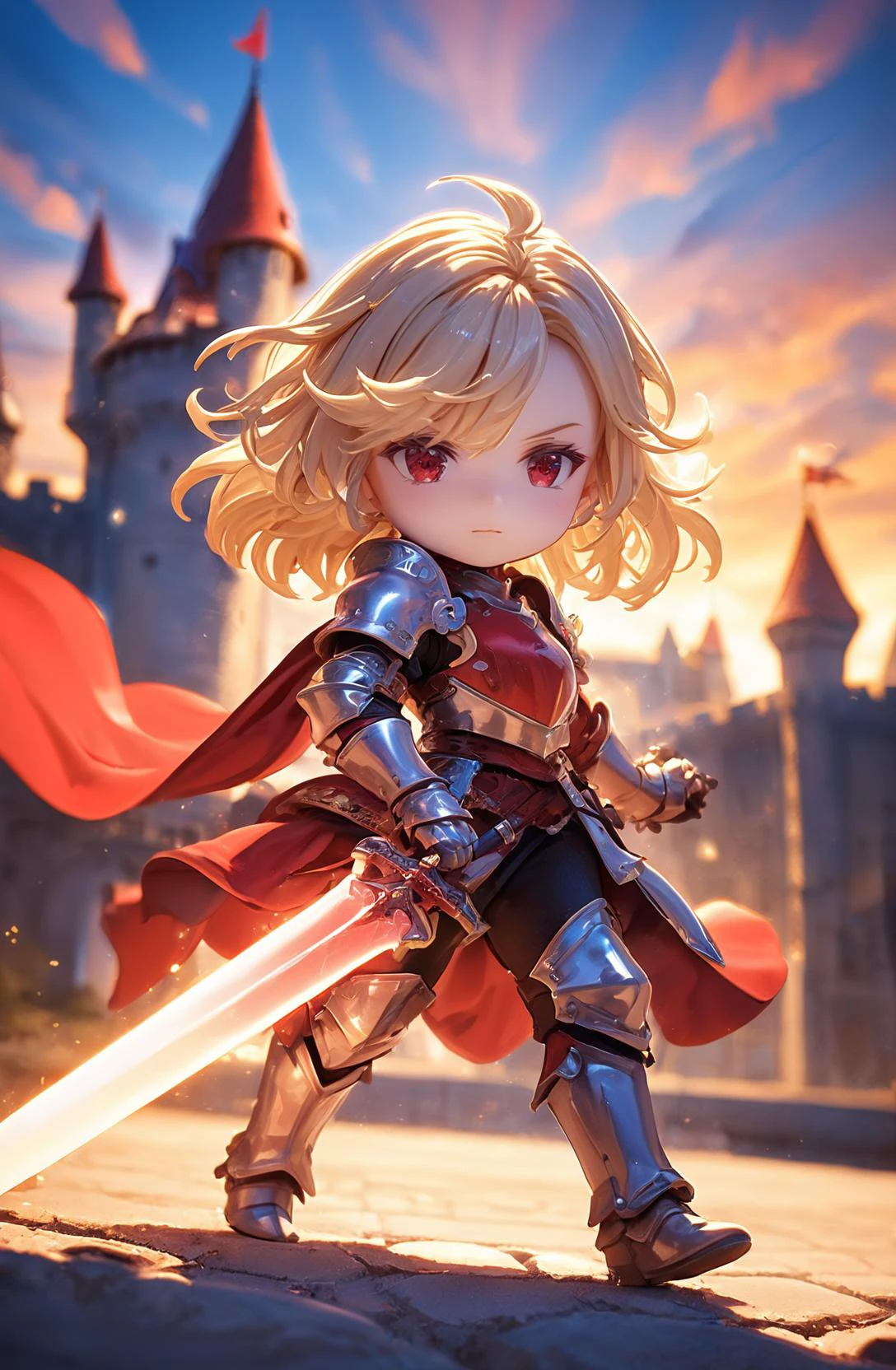 amazing quality, masterpiece, best quality, hyper detailed, ultra detailed, UHD, HDR, DOF, depth of field,
female knight, detail eyes, silver eyes, blond hair, shiny eyes, ornate red armor, holding sword, glowing sword, castle, gorgeous sky, shiny dust, wind blows, dynamic and vivid colors, fascinating,
<lora:XL_Chibi_Knights_-_by_HailoKnight:0.8>, Chibi Knight,
<lora:d\EnvyActionShotXL01:0.8>, action shot,
<lora:add-detail-xl:1.0>,
<lora:EnvyBetterHiresFixXL01:1.0>,
<lora:extremely_detailed:1.5>, extremely detailed,