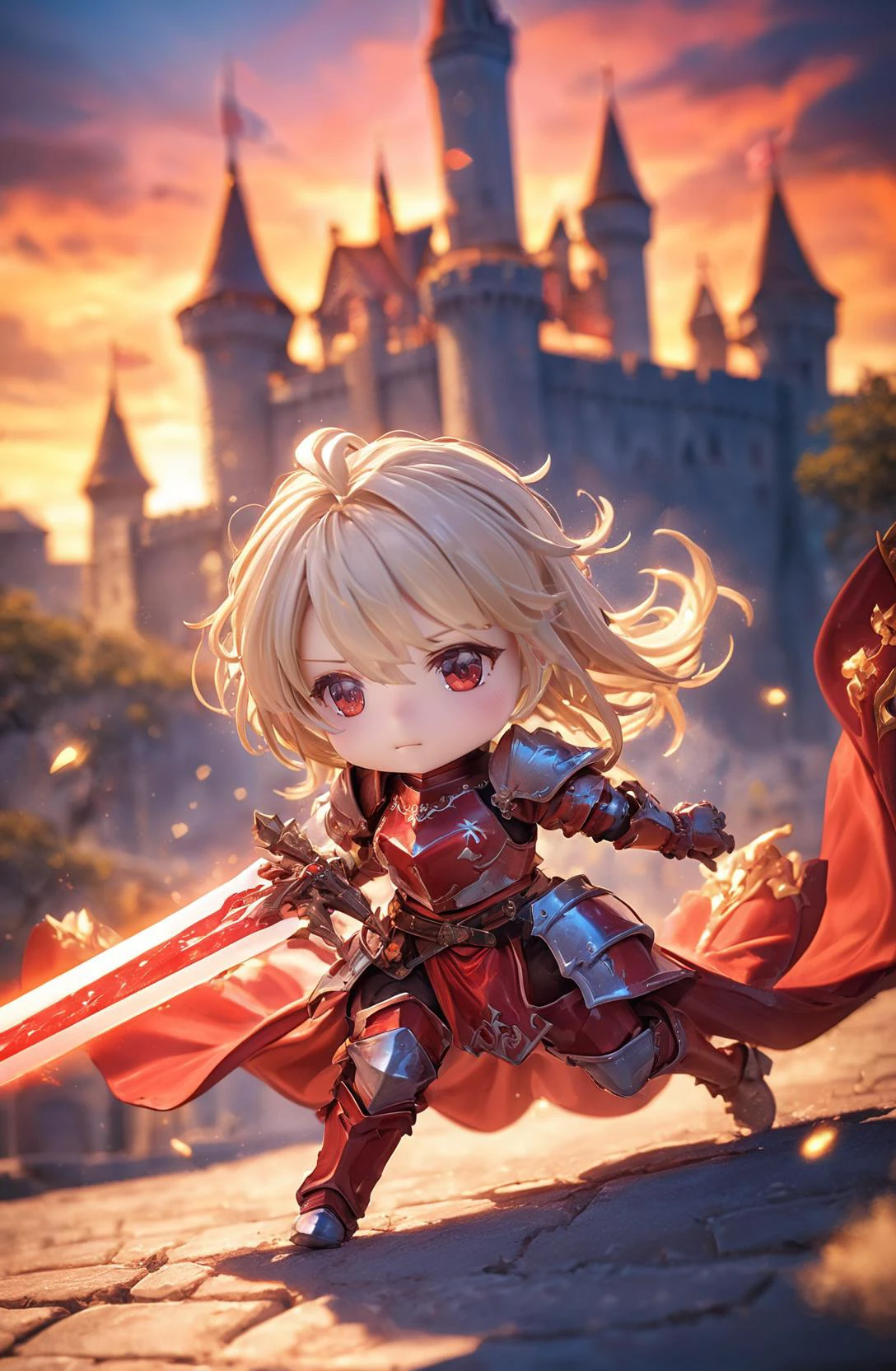 amazing quality, masterpiece, best quality, hyper detailed, ultra detailed, UHD, HDR, DOF, depth of field,
female knight, detail eyes, silver eyes, blond hair, shiny eyes, ornate red armor, holding sword, glowing sword, castle, gorgeous sky, shiny dust, wind blows, dynamic and vivid colors, fascinating,
<lora:XL_Chibi_Knights_-_by_HailoKnight:0.8>, Chibi Knight,
<lora:d\EnvyActionShotXL01:0.8>, action shot,
<lora:add-detail-xl:1.0>,
<lora:EnvyBetterHiresFixXL01:1.0>,
<lora:extremely_detailed:1.5>, extremely detailed,