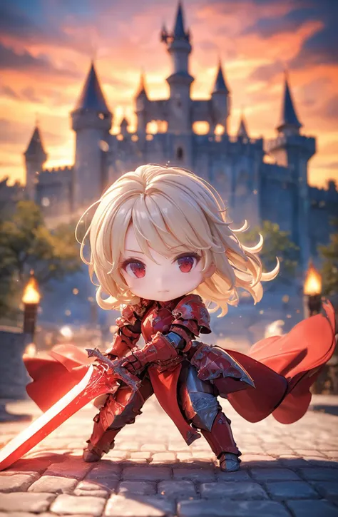 amazing quality, masterpiece, best quality, hyper detailed, ultra detailed, UHD, HDR, DOF, depth of field, 
female knight, detail eyes, silver eyes, blond hair, shiny eyes, ornate red armor, holding sword, glowing sword, castle, gorgeous sky, shiny dust, wind blows, dynamic and vivid  colors, fascinating,
<lora:XL_Chibi_Knights_-_by_HailoKnight:0.8>, Chibi Knight,
<lora:d\EnvyActionShotXL01:0.8>, action shot,
<lora:add-detail-xl:1.0>,
<lora:EnvyBetterHiresFixXL01:1.0>,
<lora:extremely_detailed:1.5>, extremely detailed,