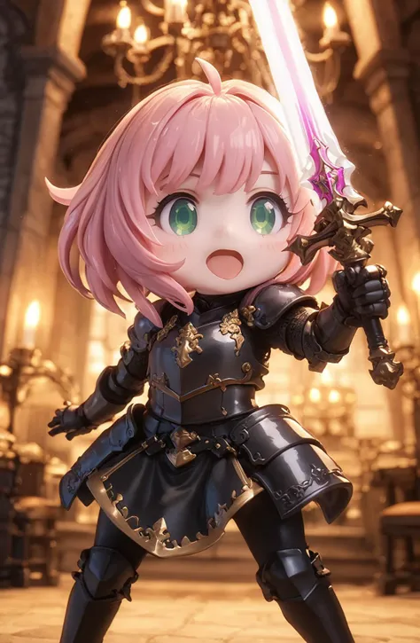 amazing quality, masterpiece, best quality, hyper detailed, ultra detailed, UHD, HDR, DOF, depth of field,
female knight, ornate (black hybrid gold) armor, detail eyes, opened mouth, holding sword, glowing sword, in castle, chandelier, shiny dust,
<lora:XL_Chibi_Knights_-_by_HailoKnight:0.8>, Chibi Knight,
<lora:Anya_XL:0.75>, Anya,bangs, green eyes, pink hair, female child, anya (spy x family),hairpods, child,
<lora:d\EnvyActionShotXL01:0.8>, action shot,
<lora:add-detail-xl:0.85>,
<lora:EnvyBetterHiresFixXL01:1.0>,
<lora:extremely_detailed:1.95>, extremely detailed,