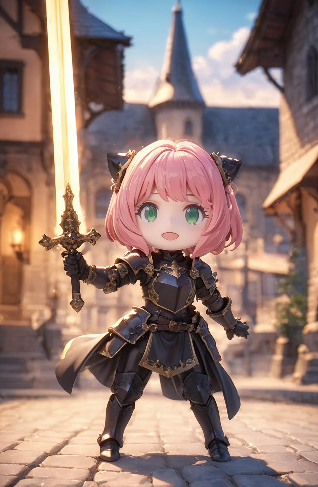 amazing quality, masterpiece, best quality, hyper detailed, ultra detailed, UHD, HDR, DOF, depth of field,
female knight, ornate (black hybrid gold) armor, gold trim, detail eyes, holding sword, glowing sword, stone road, European architecture, shiny dust,
<lora:XL_Chibi_Knights_-_by_HailoKnight:0.8>, Chibi Knight,
<lora:Anya_XL:0.75>, Anya,bangs, green eyes, pink hair, female child, anya (spy x family),hairpods, child,
<lora:d\EnvyActionShotXL01:0.8>, action shot,
<lora:add-detail-xl:0.85>,
<lora:EnvyBetterHiresFixXL01:1.0>,
<lora:extremely_detailed:1.5>, extremely detailed,