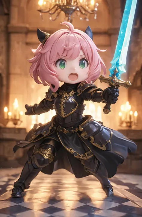 amazing quality, masterpiece, best quality, hyper detailed, ultra detailed, UHD, HDR, DOF, depth of field,
female knight, ornate (black hybrid gold) armor, detail eyes, opened mouth, holding sword, glowing sword, in castle, chandelier, shiny dust,
<lora:XL_Chibi_Knights_-_by_HailoKnight:0.8>, Chibi Knight,
<lora:Anya_XL:0.75>, Anya,bangs, green eyes, pink hair, female child, anya (spy x family),hairpods, child,
<lora:d\EnvyActionShotXL01:0.8>, action shot,
<lora:add-detail-xl:0.85>,
<lora:EnvyBetterHiresFixXL01:1.0>,
<lora:extremely_detailed:1.95>, extremely detailed,