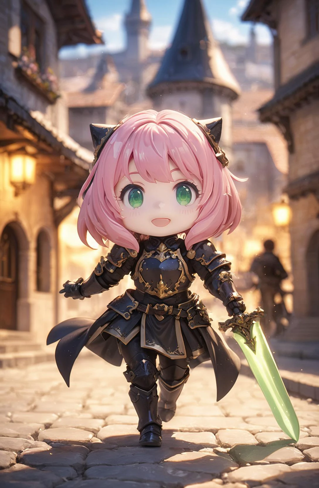 amazing quality, masterpiece, best quality, hyper detailed, ultra detailed, UHD, HDR, DOF, depth of field,
female knight, ornate (black hybrid gold) armor, gold trim, detail eyes, holding sword, glowing sword, stone road, European architecture, shiny dust,
<lora:XL_Chibi_Knights_-_by_HailoKnight:0.8>, Chibi Knight,
<lora:Anya_XL:0.75>, Anya,bangs, green eyes, pink hair, female child, anya (spy x family),hairpods, child,
<lora:d\EnvyActionShotXL01:0.8>, action shot,
<lora:add-detail-xl:0.85>,
<lora:EnvyBetterHiresFixXL01:1.0>,
<lora:extremely_detailed:1.5>, extremely detailed,