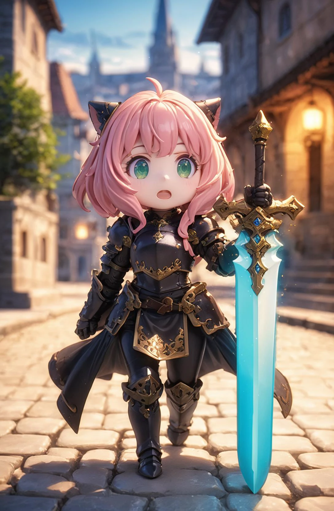 amazing quality, masterpiece, best quality, hyper detailed, ultra detailed, UHD, HDR, DOF, depth of field,
female knight, ornate (black hybrid gold) armor, gold trim, detail eyes, holding sword, glowing sword, stone road, European architecture, shiny dust,
<lora:XL_Chibi_Knights_-_by_HailoKnight:0.8>, Chibi Knight,
<lora:Anya_XL:0.75>, Anya,bangs, green eyes, pink hair, female child, anya (spy x family),hairpods, child,
<lora:d\EnvyActionShotXL01:0.8>, action shot,
<lora:add-detail-xl:0.85>,
<lora:EnvyBetterHiresFixXL01:1.0>,
<lora:extremely_detailed:1.5>, extremely detailed,