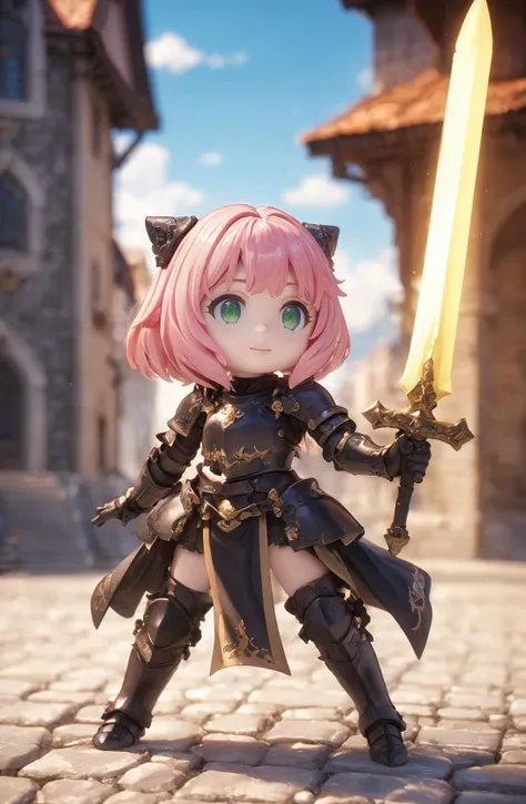 amazing quality, masterpiece, best quality, hyper detailed, ultra detailed, UHD, HDR, DOF, depth of field,
female knight, ornate (black hybrid gold) armor, gold trim, detail eyes, holding sword, glowing sword, stone road, European architecture, shiny dust,
<lora:XL_Chibi_Knights_-_by_HailoKnight:0.8>, Chibi Knight,
<lora:Anya_XL:0.75>, Anya,bangs, green eyes, pink hair, female child, anya (spy x family),hairpods, child,
<lora:d\EnvyActionShotXL01:0.8>, action shot,
<lora:add-detail-xl:0.85>,
<lora:EnvyBetterHiresFixXL01:1.0>,
<lora:extremely_detailed:1.5>, extremely detailed,