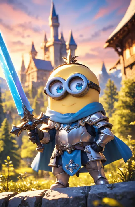 amazing quality, masterpiece, best quality, hyper detailed, ultra detailed, UHD, HDR, DOF, depth of field, wide-angle lens, detail eyes,
Minions, solo,  full body, holding sword, glowing sword, wearing ornate silver armor, shine armor, dazzling, hand up, cute, kawaii,
(castle | temple | forest | mountain top | city | village | wilderness | snow land), dynamic and vivid colors, fascinating, gorgeous sky, shiny dust, wind blows,
<lora:XL_Chibi_Knights_-_by_HailoKnight:0.8>, Chibi Knight,
<lora:add-detail-xl:0.75>,
<lora:EnvyBetterHiresFixXL01:1.0>,
<lora:extremely_detailed:0.75>, extremely detailed,