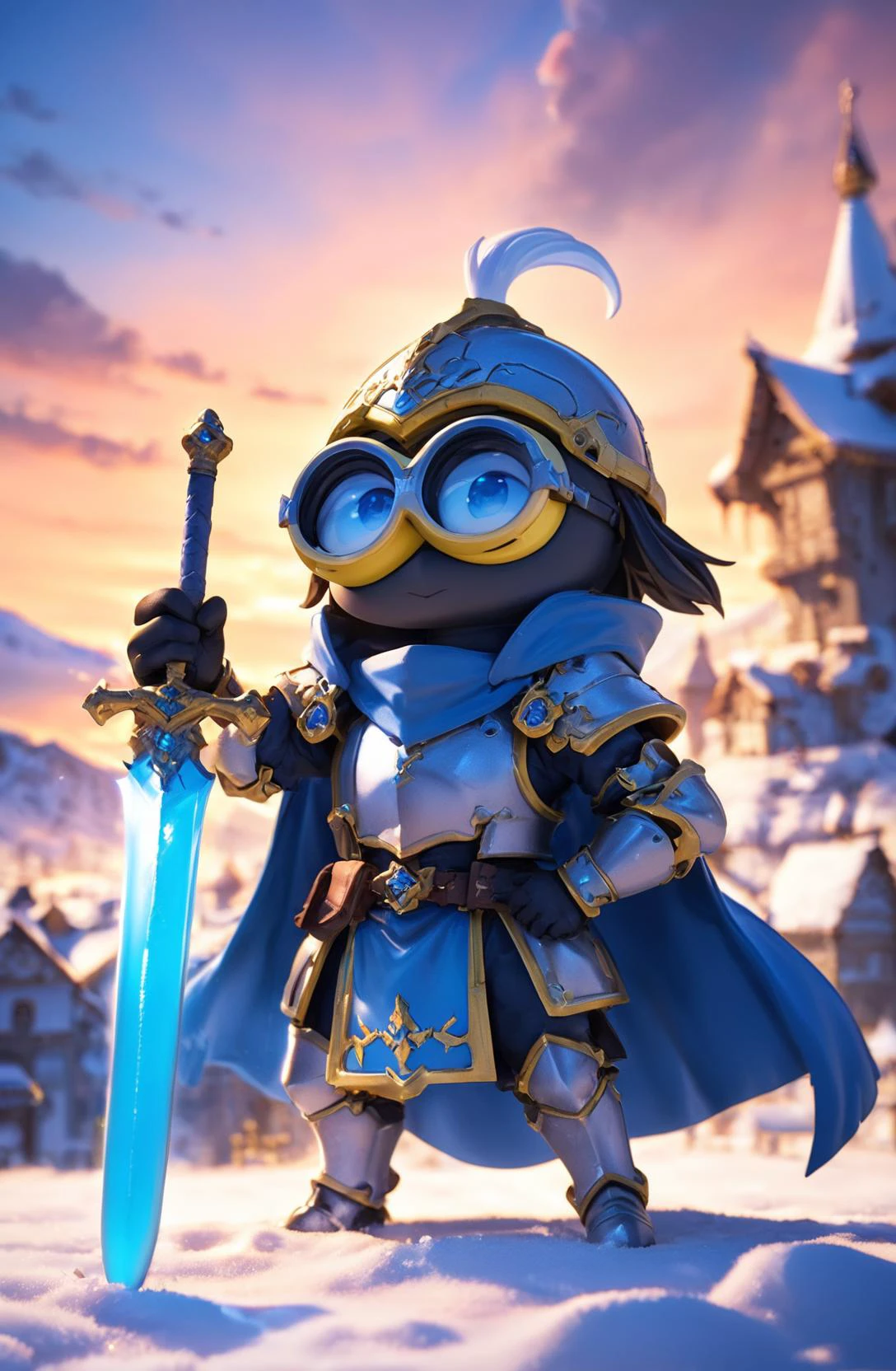 amazing quality, masterpiece, best quality, hyper detailed, ultra detailed, UHD, HDR, DOF, depth of field, wide-angle lens, detail eyes,
Minions, solo, full body, holding sword, glowing sword, wearing ornate (yellow hybrid blue) armor, hand up, (fighting stance:1.2), cute, kawaii,
(castle | temple | forest | mountain top | city | village | wilderness | snow land), dynamic and vivid colors, fascinating, gorgeous sky, shiny dust, wind blows,
<lora:XL_Chibi_Knights_-_by_HailoKnight:0.8>, Chibi Knight,
<lora:add-detail-xl:0.75>,
<lora:EnvyBetterHiresFixXL01:1.0>,
<lora:extremely_detailed:0.75>, extremely detailed,