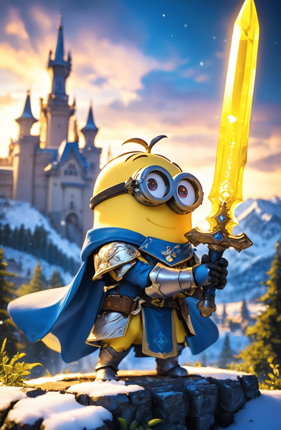 amazing quality, masterpiece, best quality, hyper detailed, ultra detailed, UHD, HDR, DOF, depth of field, wide-angle lens, detail eyes,
Minions, solo, full body, holding sword, glowing sword, wearing ornate (yellow hybrid blue | blue hybrid yellow | white hybrid gold) armor, shine armor, dazzling, hand up, cute, kawaii,
(castle | temple | forest | mountain top | city | village | wilderness | snow land), dynamic and vivid colors, fascinating, gorgeous sky, shiny dust, wind blows,
<lora:XL_Chibi_Knights_-_by_HailoKnight:0.8>, Chibi Knight,
<lora:add-detail-xl:0.75>,
<lora:EnvyBetterHiresFixXL01:1.0>,
<lora:extremely_detailed:0.75>, extremely detailed,