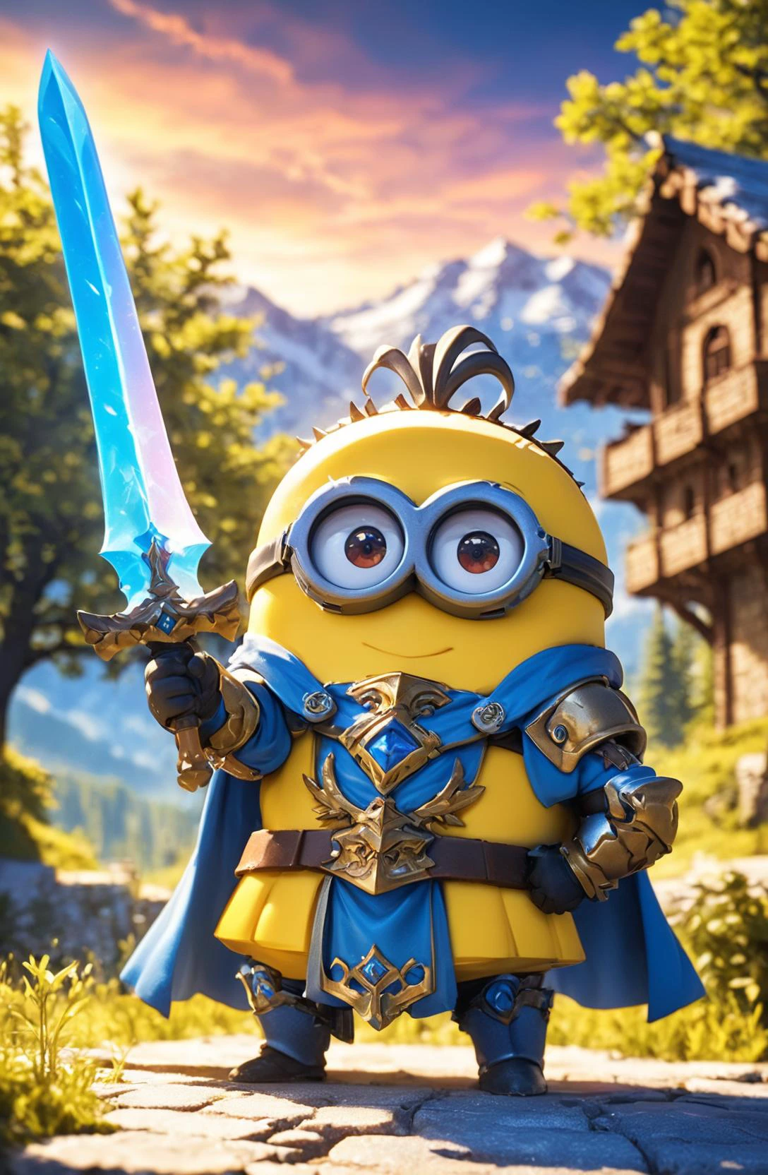 amazing quality, masterpiece, best quality, hyper detailed, ultra detailed, UHD, HDR, DOF, depth of field, wide-angle lens, detail eyes,
Minions, solo, full body, holding sword, glowing sword, wearing ornate (yellow hybrid blue) armor, hand up, (fighting stance:1.2), cute, kawaii,
(castle | temple | forest | mountain top | city | village | wilderness | snow land), dynamic and vivid colors, fascinating, gorgeous sky, shiny dust, wind blows,
<lora:XL_Chibi_Knights_-_by_HailoKnight:0.8>, Chibi Knight,
<lora:add-detail-xl:0.75>,
<lora:EnvyBetterHiresFixXL01:1.0>,
<lora:extremely_detailed:0.75>, extremely detailed,