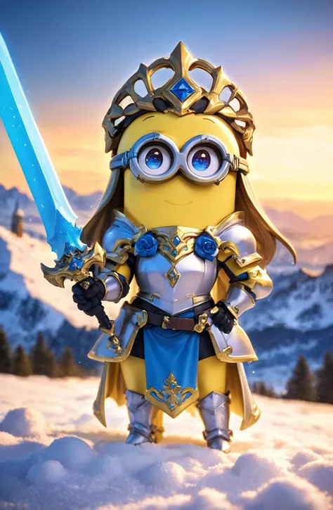 amazing quality, masterpiece, best quality, hyper detailed, ultra detailed, UHD, HDR, DOF, depth of field, wide-angle lens, detail eyes,
Minions, solo,  full body, holding sword, glowing sword, wearing ornate (yellow hybrid blue | blue hybrid yellow | white hybrid gold) armor, shine armor, dazzling, hand up, cute, kawaii,
(castle | temple | forest | mountain top | city | village | wilderness | snow land), dynamic and vivid colors, fascinating, gorgeous sky, shiny dust, wind blows, 
<lora:XL_Chibi_Knights_-_by_HailoKnight:0.8>, Chibi Knight,
<lora:add-detail-xl:0.75>,
<lora:EnvyBetterHiresFixXL01:1.0>,
<lora:extremely_detailed:0.75>, extremely detailed,