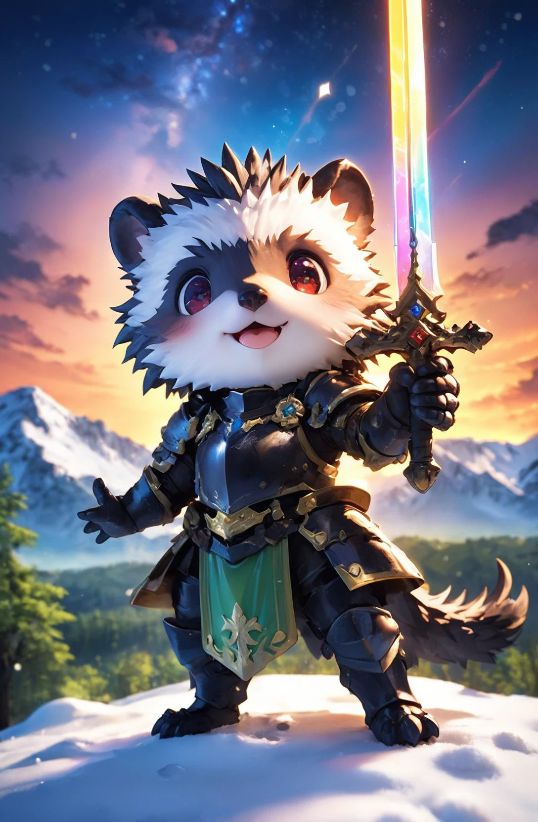 amazing quality, masterpiece, best quality, hyper detailed, ultra detailed, UHD, HDR, DOF, depth of field, wide-angle lens, detail eyes,
porcupine, solo, full body, holding sword, glowing sword, wearing ornate (gold | silver | red | blue | green | black | white | hybrid colors| multi colors) armor, shine armor, dazzling, (hand up | outstretched arm, outstretched hand), cute, kawaii, (opened mouth | smile | angry),
(castle | temple | forest | mountain top | city | village | wilderness | snow land | rocky terrain | jungle), dynamic and vivid colors, fascinating, gorgeous sky, (sunset | sunny | night | milky way), shiny dust, wind blows, (futuristic | classical),
<lora:XL_Chibi_Knights_-_by_HailoKnight:0.8>, Chibi Knight,
<lora:add-detail-xl:0.75>,
<lora:quality1:1.0>,
<lora:extremely_detailed:0.75>, extremely detailed,