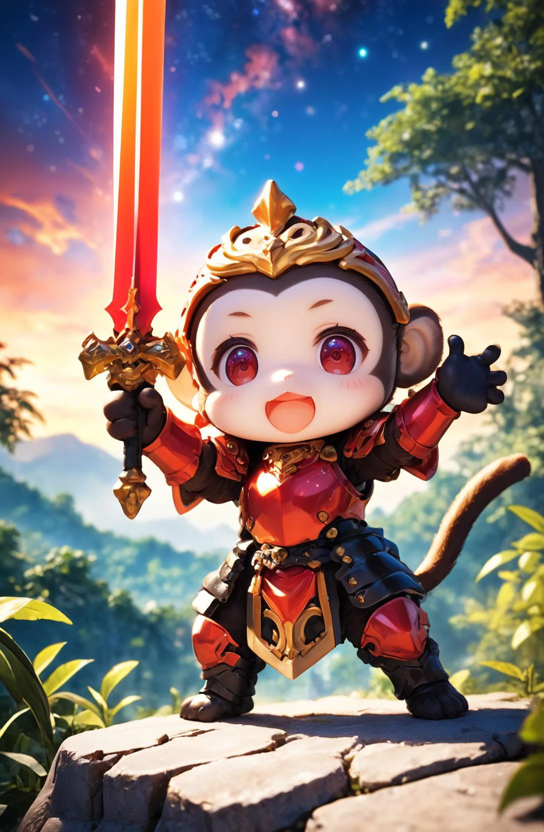 amazing quality, masterpiece, best quality, hyper detailed, ultra detailed, UHD, HDR, DOF, depth of field, wide-angle lens, detail eyes,
monkey, solo, full body, holding sword, glowing sword, wearing ornate (red | blue | green | orange | black | white | hybrid colors| multi colors) armor, shine armor, dazzling, (hand up | outstretched arm, outstretched hand), cute, kawaii, (opened mouth | smile | angry),
(forest | city | village | wilderness | rocky terrain | jungle), dynamic and vivid colors, fascinating, gorgeous sky, (sunset | sunny | night | milky way), shiny dust, wind blows, (futuristic | classical),
<lora:XL_Chibi_Knights_-_by_HailoKnight:0.8>, Chibi Knight,
<lora:add-detail-xl:0.75>,
<lora:EnvyBetterHiresFixXL01:1.0>,
<lora:extremely_detailed:0.75>, extremely detailed,