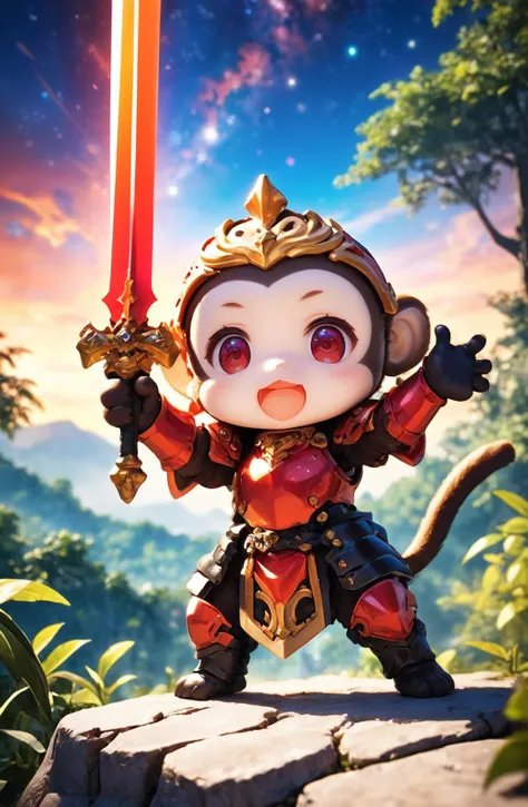 amazing quality, masterpiece, best quality, hyper detailed, ultra detailed, UHD, HDR, DOF, depth of field, wide-angle lens, detail eyes,
monkey, solo,  full body, holding sword, glowing sword, wearing ornate (red | blue | green | orange | black | white | hybrid colors| multi colors) armor, shine armor, dazzling, (hand up | outstretched arm, outstretched hand), cute, kawaii, (opened mouth | smile | angry),
(forest | city | village | wilderness | rocky terrain | jungle), dynamic and vivid colors, fascinating, gorgeous sky, (sunset | sunny | night | milky way), shiny dust, wind blows, (futuristic | classical), 
<lora:XL_Chibi_Knights_-_by_HailoKnight:0.8>, Chibi Knight,
<lora:add-detail-xl:0.75>,
<lora:EnvyBetterHiresFixXL01:1.0>,
<lora:extremely_detailed:0.75>, extremely detailed,