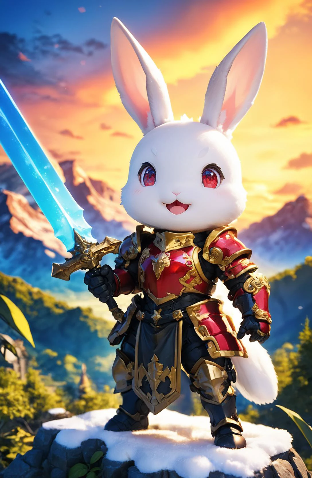 amazing quality, masterpiece, best quality, hyper detailed, ultra detailed, UHD, HDR, DOF, depth of field, wide-angle lens, detail eyes,
rabbit, red eyes, solo, full body, holding sword, glowing sword, wearing ornate (gold | silver | red | blue | green | black | white | hybrid colors| multi colors) armor, shine armor, dazzling, hand up, cute, kawaii, (opened mouth | smile | angry),
(castle | temple | forest | mountain top | city | village | wilderness | snow land | rocky terrain | jungle), dynamic and vivid colors, fascinating, gorgeous sky, (sunset | sunny | night | milky way), shiny dust, wind blows, (futuristic | classical),
<lora:XL_Chibi_Knights_-_by_HailoKnight:0.8>, Chibi Knight,
<lora:add-detail-xl:0.75>,
<lora:quality1:1.0>,
<lora:extremely_detailed:0.75>, extremely detailed,