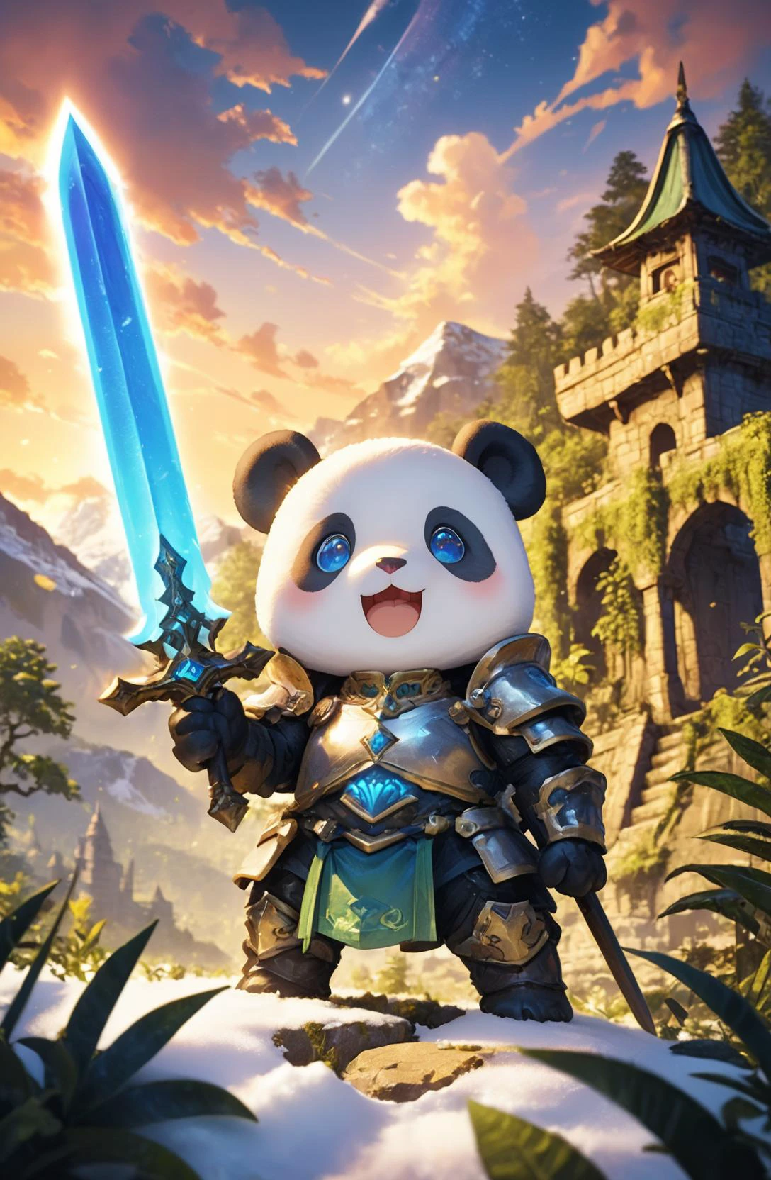 amazing quality, masterpiece, best quality, hyper detailed, ultra detailed, UHD, HDR, DOF, depth of field, wide-angle lens, detail eyes,
panda, solo, full body, holding sword, glowing sword, wearing ornate (gold | silver | red | blue | green | black | white | hybrid colors| multi colors) armor, shine armor, dazzling, (hand up | outstretched arm, outstretched hand), cute, kawaii, (opened mouth | smile | angry),
(castle | temple | forest | mountain top | city | village | wilderness | snow land | rocky terrain | jungle), dynamic and vivid colors, fascinating, gorgeous sky, (sunset | sunny | night | milky way), shiny dust, wind blows, (futuristic | classical),
<lora:XL_Chibi_Knights_-_by_HailoKnight:0.8>, Chibi Knight,
<lora:add-detail-xl:0.75>,
<lora:quality1:1.0>,
<lora:extremely_detailed:0.75>, extremely detailed,