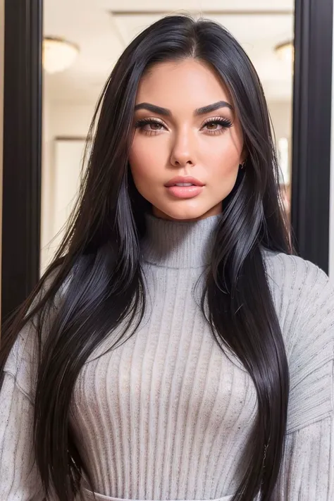 A woman with long black hair wearing a turtle neck sweater - SeaArt AI