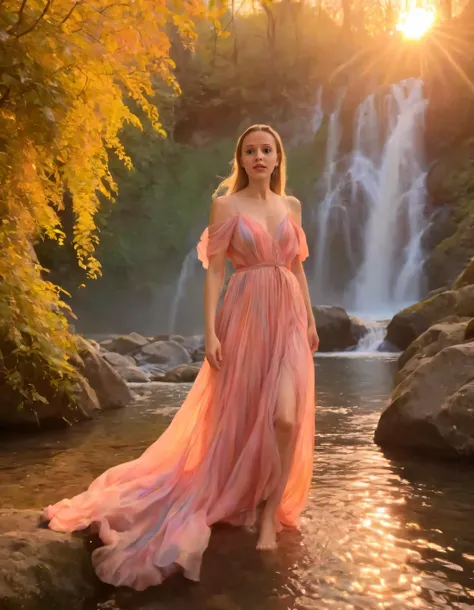 In a fantastical realm where Ria Dersaut, the gracious woman, effortlessly blends with her whimsical world filled with vibrant hues and enchanted waterfalls, she gracefully poses beneath the radiant sunset, clothed in an ethereal gown that seemingly melds seamlessly with the surroundings, capturing the essence of both her elegance and the magical environment through a daring yet delicate camera angle. <lora:kiytnn18f8b7b1002y401:1>