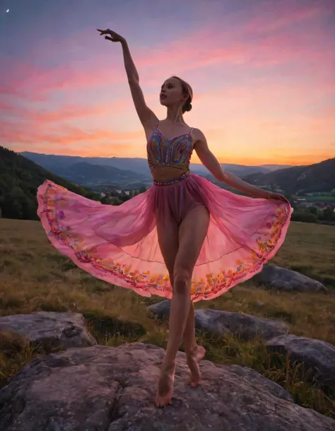 In this vivid dream, Ria Dersaut confidently struts her colorful, bohemian ensemble along a picturesque landscape where the sun sets majestically, creating a breathtaking backdrop; meanwhile, a low-angle perspective captures her empowered spirit as she strikes an enigmatic pose that speaks volumes, while all around her the mystical moonlight dances like a celestial ballerina, creating a symphony of shimmers and shadows to further accentuate this surreal scene. <lora:kiytnn18f8b7b1002y401:1>