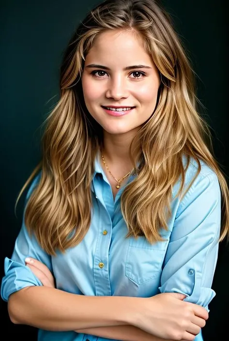 <lora:jennifer jason leigh v1.0:1>  a Realistic portrait of jennifer jason leigh with brown eyes and long blond Hair style, looking at the viewer, detailed face, detailed eyes, (smiling showing teeth:1.1), perfect slim body, modelshoot style, hand on own shoulder, wearing a blue shirt with long sleeves, wearing gold earrings and jewelry, soft lighting, professional Photography, Photorealistic, detailed, standing in a dark Studio Room background, blurred background, RAW, analog, sharp focus, 8k, HD, DSLR, high quality, Fujifilm XT3, film grain, award winning, masterpiece