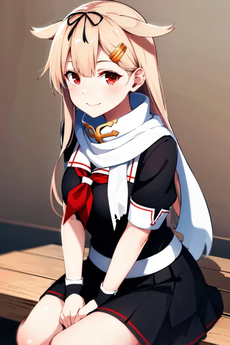 masterpiece, best quality, highres, poi2, yuudachi kai ni \(kancolle\), hair flaps, white scarf, hairclip, red neckerchief, black serafuku, black skirt, fingerless gloves, black shirt, <lora:yuudachi_(kancolle)_v1:0.7>, sitting, smile,
