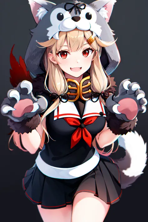 masterpiece, best quality, highres, poi3, long hair, animal hands, yuudachi kai ni \(kancolle\), black skirt, red neckerchief, black serafuku, black ribbon, wolf tail, hair ribbon, animal hood, fang, <lora:yuudachi_(kancolle)_v1:0.7>, cowboy shot, smile,