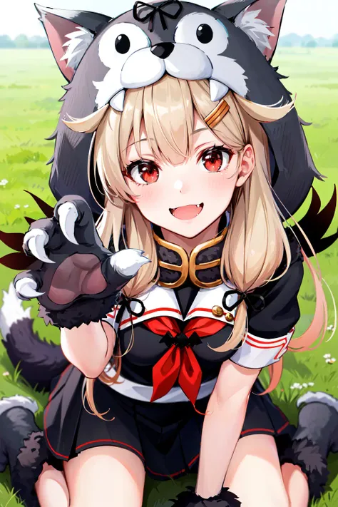 masterpiece, best quality, highres, poi3, long hair, animal hands, yuudachi kai ni \(kancolle\), black skirt, red neckerchief, black serafuku, black ribbon, wolf tail, hair ribbon, animal hood, fang, <lora:yuudachi_(kancolle)_v1:0.7>, cowboy shot, smile, all fours, field,
