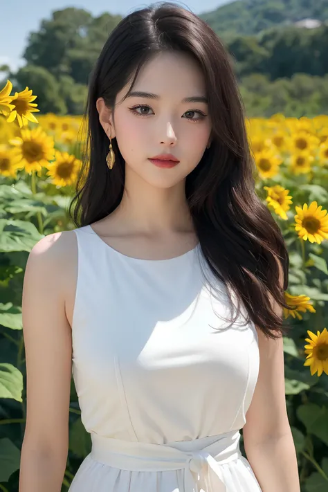 (mature body), (upper body:1.5), nikon RAW photo,8 k, Fujifilm XT3,masterpiece, best quality, realistic, photorealistic, ultra detailed, extremely detailed face, solo,1girl, standing, fashionable and trendy atmosphere, and a stylish expression on her face, close up, (narrow waist), white dress on field of sun flowers,