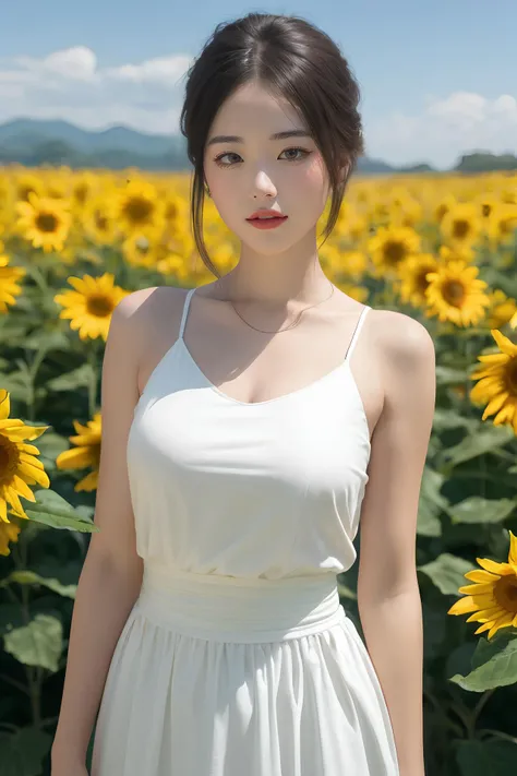 (mature body), (upper body:1.5), nikon RAW photo,8 k, Fujifilm XT3,masterpiece, best quality, realistic, photorealistic, ultra detailed, extremely detailed face, solo,1girl, standing, fashionable and trendy atmosphere, and a stylish expression on her face, close up, (narrow waist), white dress on field of sun flowers,