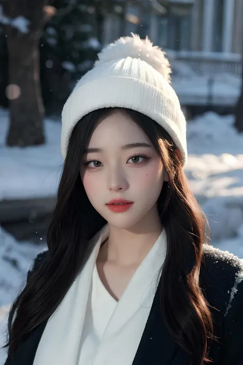 hyper realistic lifelike texture dramatic lighting unreal engine trending on art station, award winning photo, nikon RAW photo,8 k, Fujifilm XT3,masterpiece, best quality, realistic, photorealistic, ultra detailed, extremely detailed face, solo,1girl, standing, fashionable and trendy atmosphere, a dreamy atmosphere, snowing, wearing beanie,