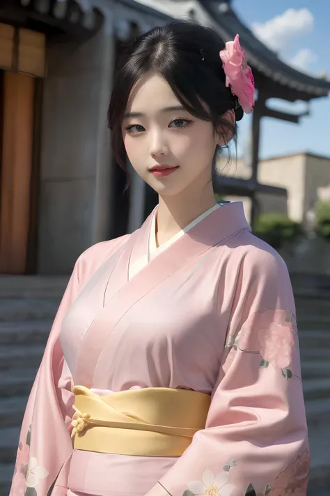 master piece,from front,standing,full body,Highest quality,Very detailed,Nikon D850 film stock photo, 1 1 1.6 Lenses, Rich colors, Realistic, Cinestill 800, Backlight, Rim Light, Studio Lighting,a girl, one girl,solo focus,alone,8k,raw photo,Korean women,Age 25,Fair skin,Blush (applied to the face)Beautiful eyes,Clear,Detailed eyes,smile,teeth,hime cut hair,,g cup bust,Large Breasts,Chimachogori (Korean traditional costume),,background:Urban streetscape of Seoul, Korea,one girl