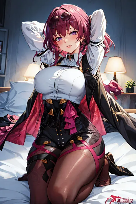 masterpiece, best quality, <lora:kafka-nvwls-v1-final:0.9> kafka, purple eyes, sunglasses on head, black jacket, collared shirt, black shorts, pantyhose, seiza, bed, arms behind head, smile <lora:Tangobat-Style-Locon-000051:1>