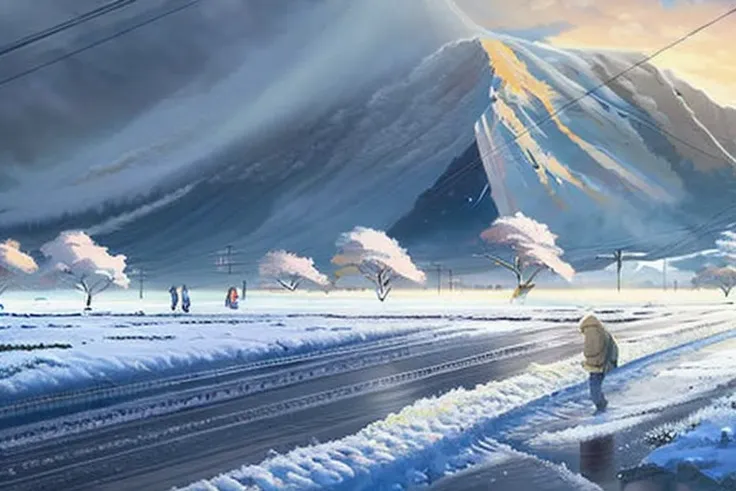 snowapocalypse Create a high resolution artwork of lofi, it was a snow cloud, shimmering and glowing in the sunlight. in the winter by makoto shinkai and ghibli studio, highly detailed, incredible quality, trending on artstation, masterpiece, 8k