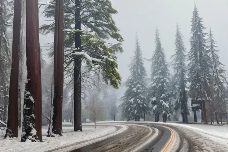 snowapocalypse photo of a winter landscape with little fog, huge forest trees covered snow, haze