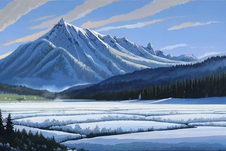 snowapocalypse Create a high resolution artwork landscape artwork of mountains in the background, fields in the forground, snow fall, falling snow, clouds shimmering and glowing in the sunlight, in the winter by makoto shinkai and ghibli studio, highly detailed, incredible quality, trending on artstation, masterpiece, 8k
 dangergoose