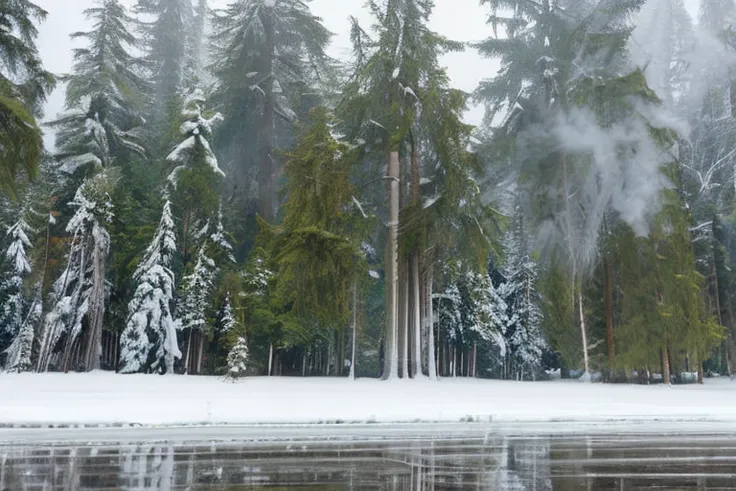 snowapocalypse photo of a winter landscape with little fog, huge forest trees covered snow, haze, blizzard