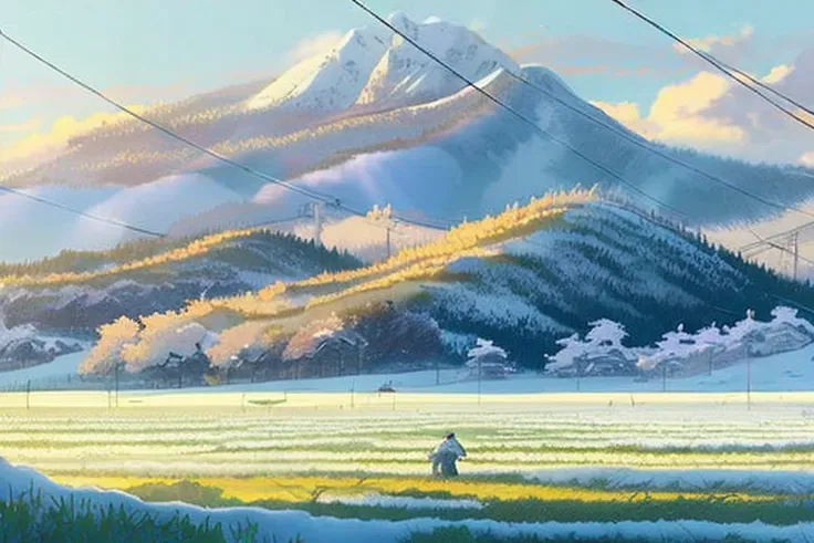 snowapocalypse Create a high resolution artwork landscape artwork of mountains in the background, fields in the forground, it was a snow cloud, shimmering and glowing in the sunlight. in the winter by makoto shinkai and ghibli studio, highly detailed, incredible quality, trending on artstation, masterpiece, 8k, snow fall, falling, sunlight on clounds