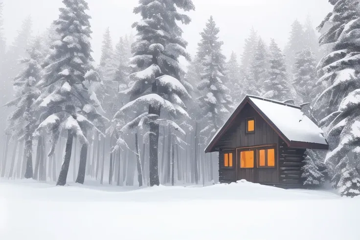 photo of a winter landscape with little fog, huge forest trees covered snow, haze, blizzard, snowing, snowfall, small cabin deep in forest, glowing window