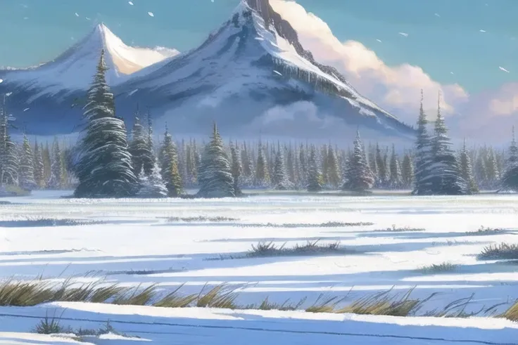 snowapocalypse Create a high resolution artwork landscape artwork of mountains in the background, fields in the forground, snow fall, falling snow, clouds shimmering and glowing in the sunlight, in the winter by makoto shinkai and ghibli studio, highly detailed, incredible quality, trending on artstation, masterpiece, 8k, vivid colors, fantasy landscapes covered in snow.
 dangergoose, sharp details, extreme detail